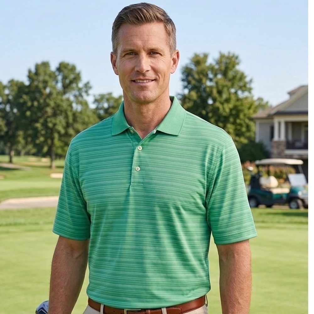 PGA Tour Mens Large Green Striped Short‎ Sleeve Golf Polo Shirt Polyester L